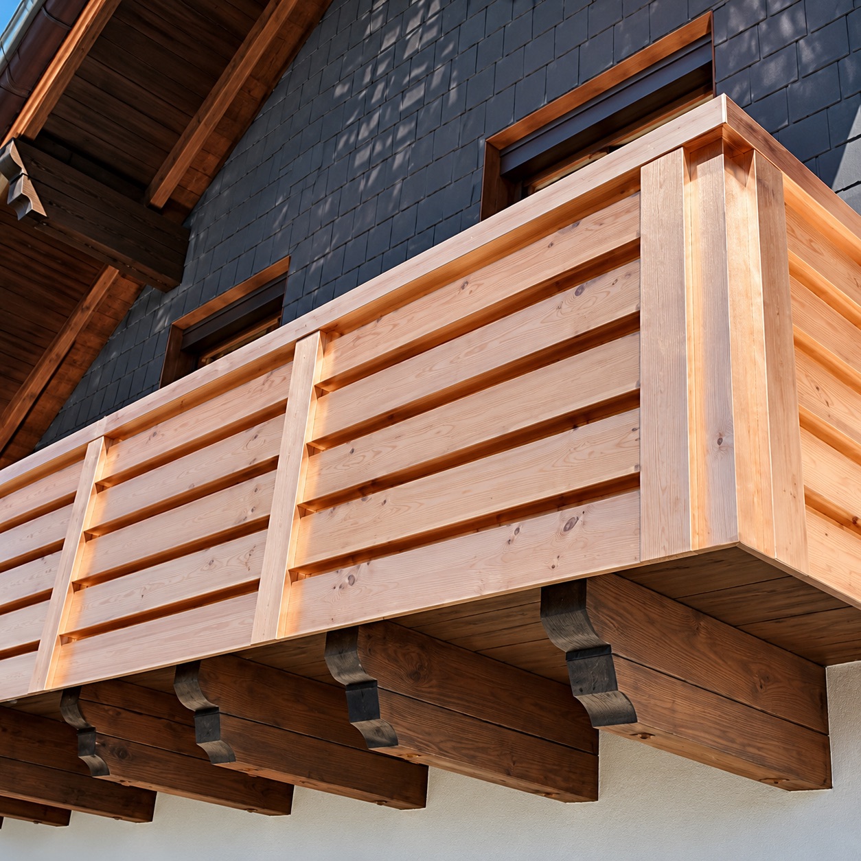 Holzbalkon mit Blechabdeckung an einer Schieferfassade